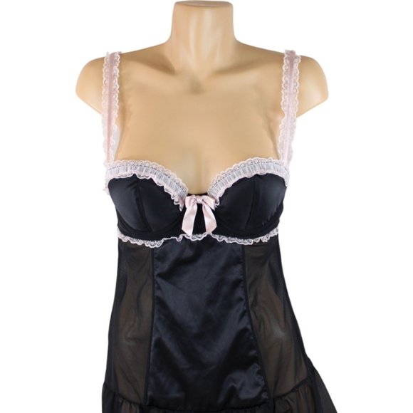 La Senza Negligee Black Pink Medium Ruffles Lace Garter Straps French Maid N122 - Picture 6 of 14
